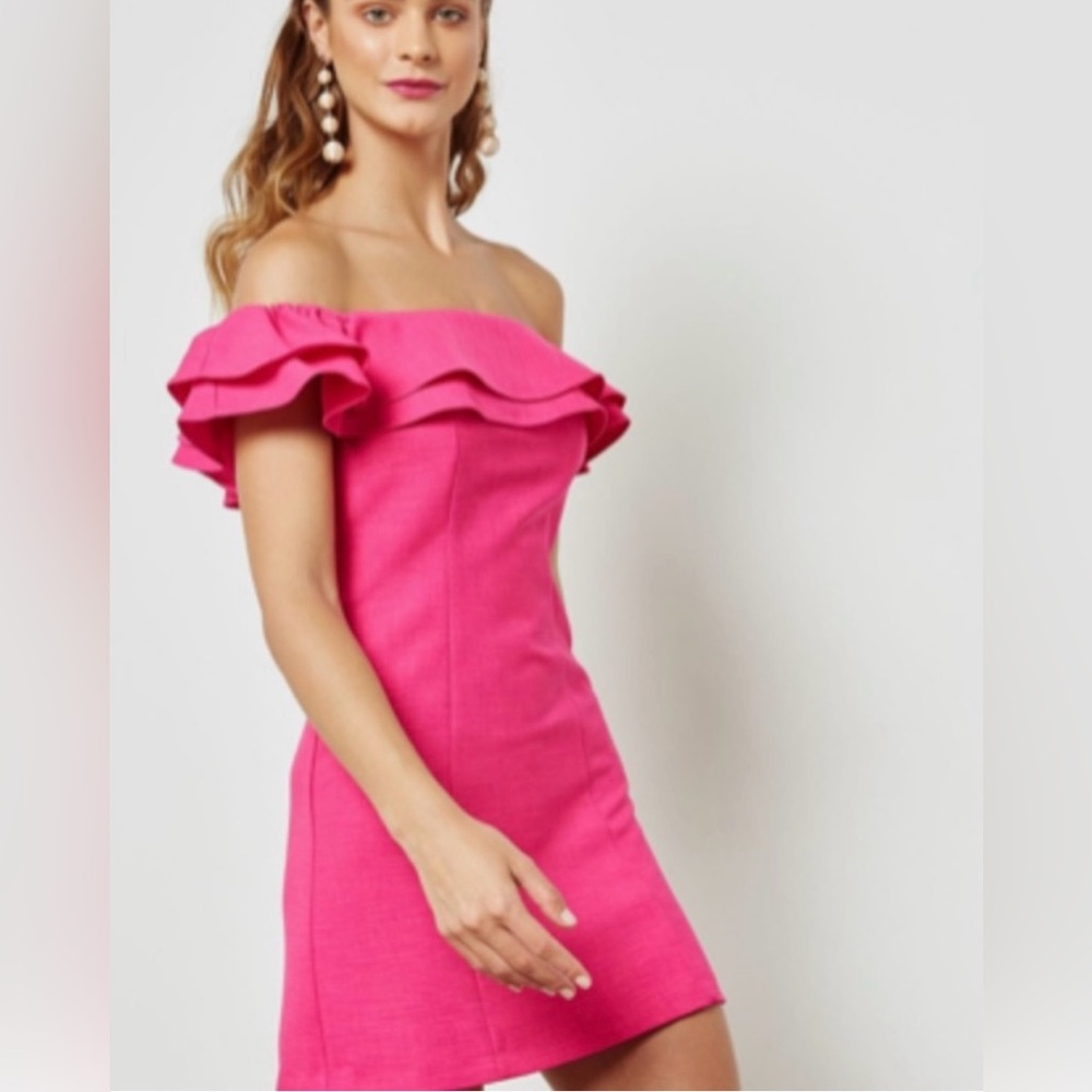NWT TOPSHOP Bardot Off-Shoulder Ruffle Mini DRESS | Bright Barbie PINK | Size 2